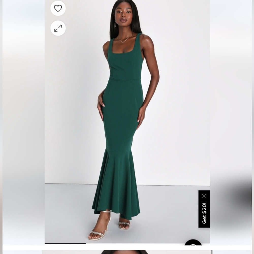 Lulu's Romantic Destiny Emerald Green Square Neck Trumpet Maxi Dress Size Medium